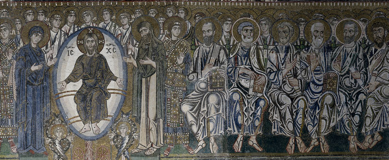 Déisis et le Tribunal du Christ (détail), mosaïque du Jugement Dernier, façade intérieure ouest, cathédrale Santa Maria Assunta, Torcello, Italie, XIe - XIIe siècles.