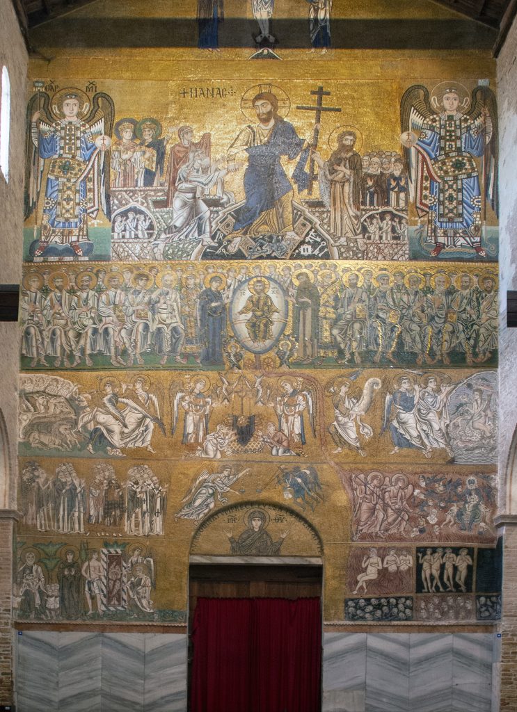 Mosaïque du Jugement Dernier (vue générale), façade intérieure ouest, cathédrale Santa Maria Assunta, Torcello, Italie, XIᵉ - XIIᵉ siècles.