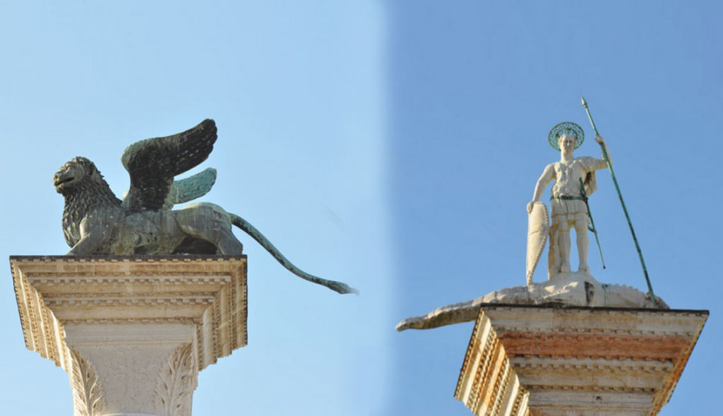 Statues du Lion de saint Marc et de saint Théodore, colonnes de la Piazzetta San Marco, Venise, © Archéologie et Histoire Morestel.